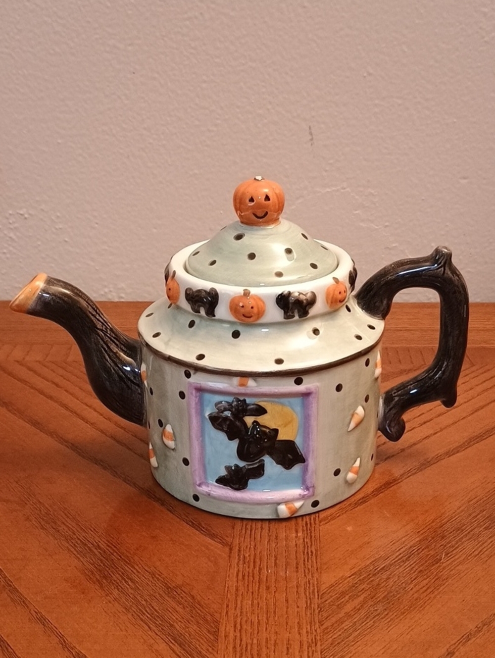 Sakura Debbie Mumm Halloween Ceramic Teapot in Green, Black, Orange Some Flaws